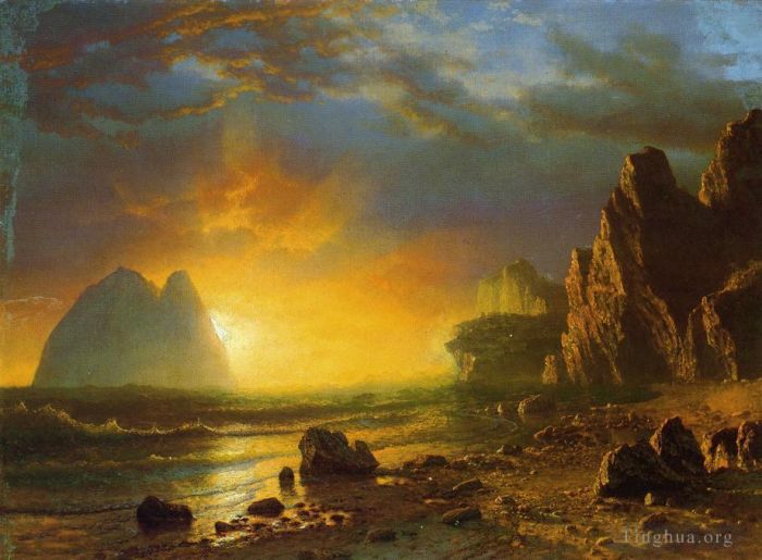 Albert Bierstadt Oil Painting - Sunset on the Coast