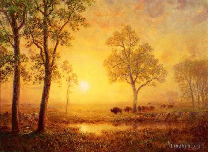 Albert Bierstadt Oil Painting - Sunset on the Mountain