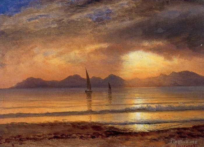 Albert Bierstadt Oil Painting - Sunset over a Mountain Lake