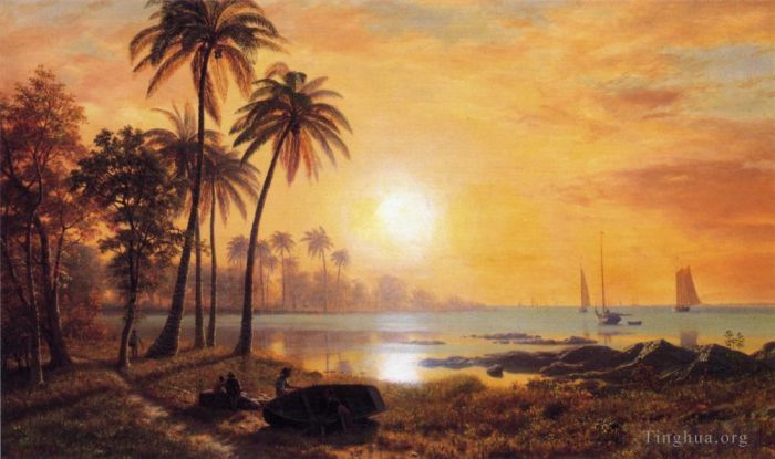 Albert Bierstadt Oil Painting - Tropical Landscape with Fishing Boats in Bay