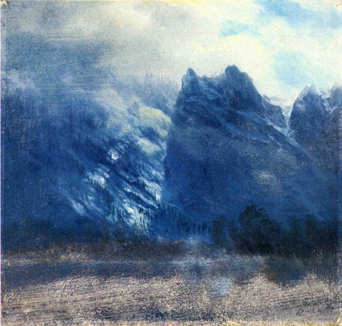 Albert Bierstadt Oil Painting - Yosemite Valley Twin Peaks