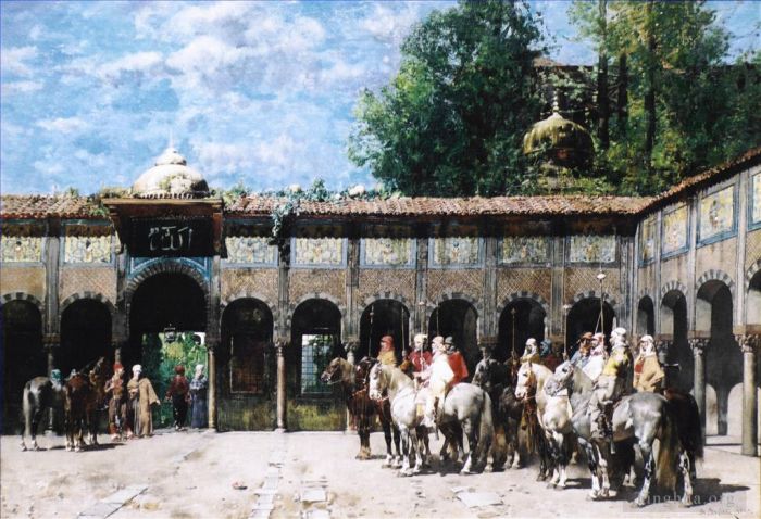 Alberto Pasini Oil Painting - Cavalieri Circassi Che Aspettano Il Loro Capo