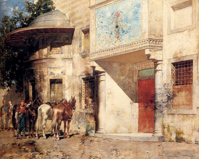 Alberto Pasini Oil Painting - Outside The Mosque
