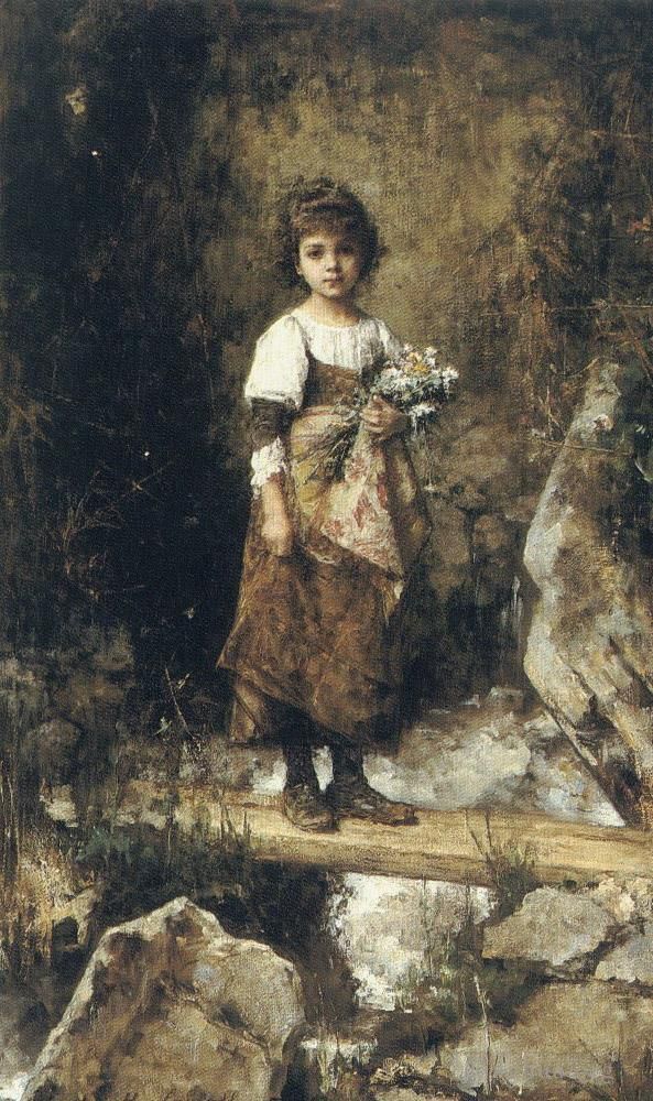 Alexei Harlamov Oil Painting - A Peasant Girl On A Footbridge