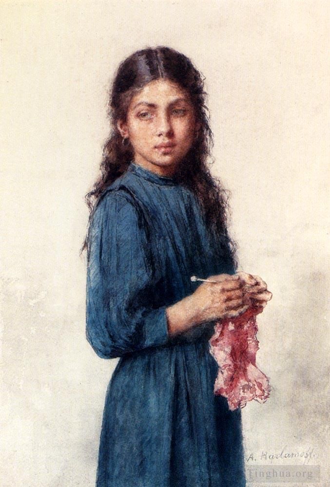 Alexei Harlamov Oil Painting - A Young Girl Knitting
