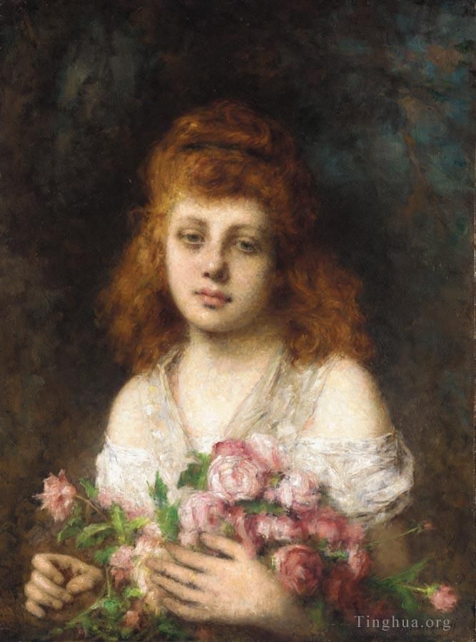 Alexei Harlamov Oil Painting - Auburn haired Beauty with Bouquet of Roses