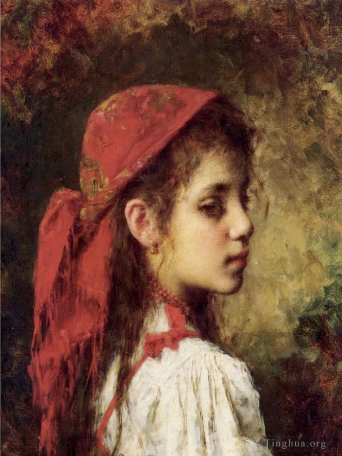 Alexei Harlamov Oil Painting - Portrait of a Young Girl in A Red Kerchief