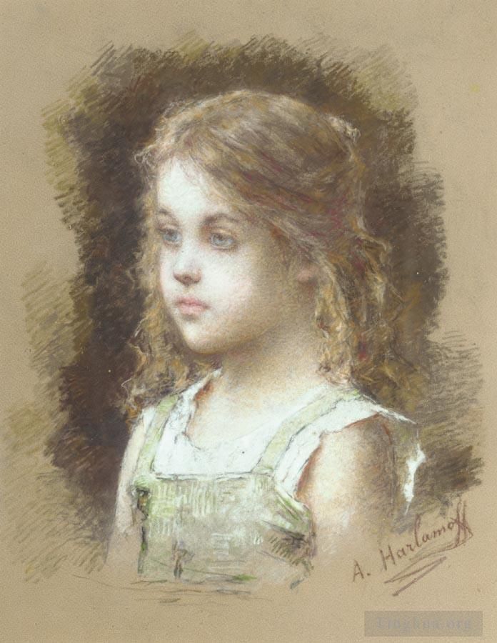 Alexei Harlamov Various Paintings - Young Girl in a Green Tunic
