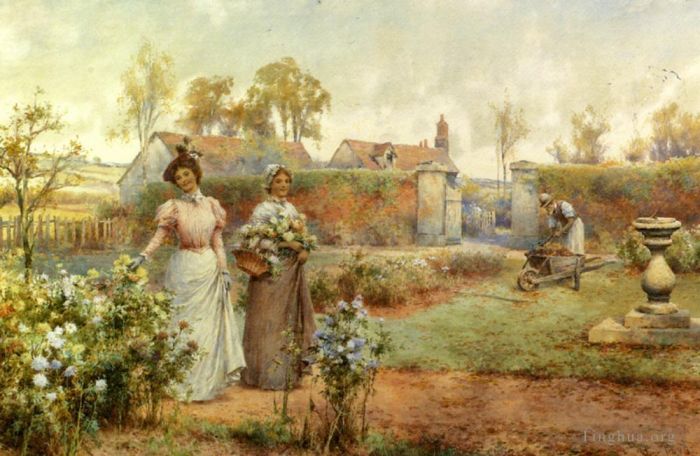 Alfred Glendening Oil Painting - A Lady And Her Maid Picking Chrysanthemums