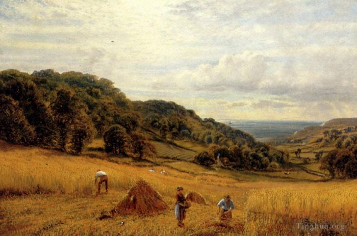 Alfred Glendening Oil Painting - Harvesting At Luccombe Isle Of Wight