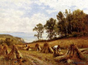 Antique Oil Painting - In The Cornfields Near Luccombe Isle Of Wight