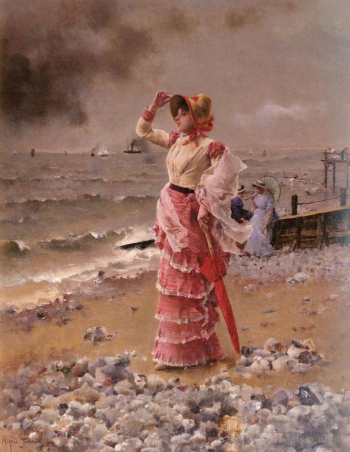 Alfred Stevens Oil Painting - Femme Elegante Voyant Filer Un Vapeur