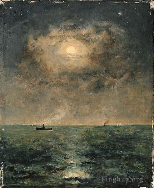Alfred Stevens Oil Painting - Moonlit seascape Alfred Stevens