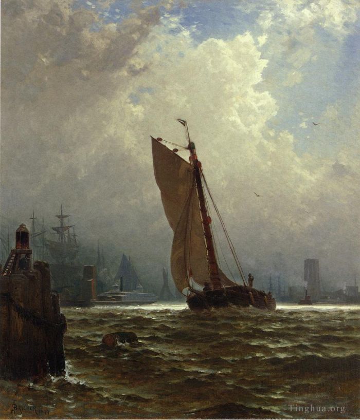 Alfred Thompson Bricher Oil Painting - New York Harbor with the Brooklyn Bridge Under Construction