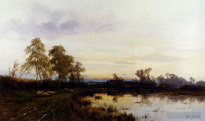 Alfred de Breanski Sr Oil Painting - Sunset Over A Farmyard