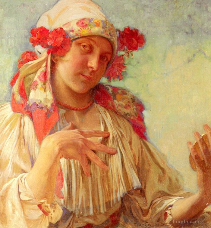 Alphonse Mucha Oil Painting - Maria Young Girl In A Moravian Costume