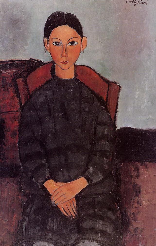 Amedeo Modigliani Oil Painting - a young girl with a black overall 1918