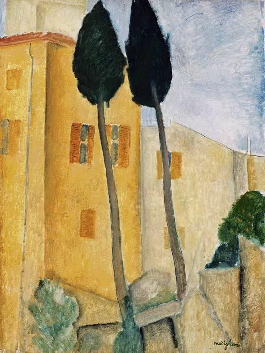 Amedeo Modigliani Oil Painting - cypress trees and house 1919