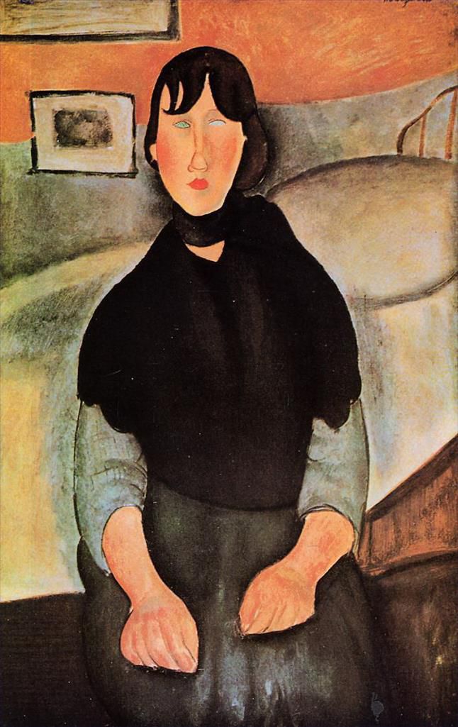 Amedeo Modigliani Oil Painting - dark young woman seated by a bed 1918