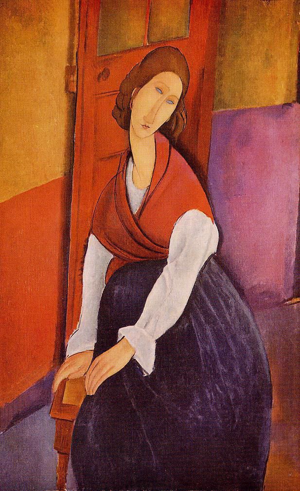 Amedeo Modigliani Oil Painting - jeanne hebuterne in front of a door 1919