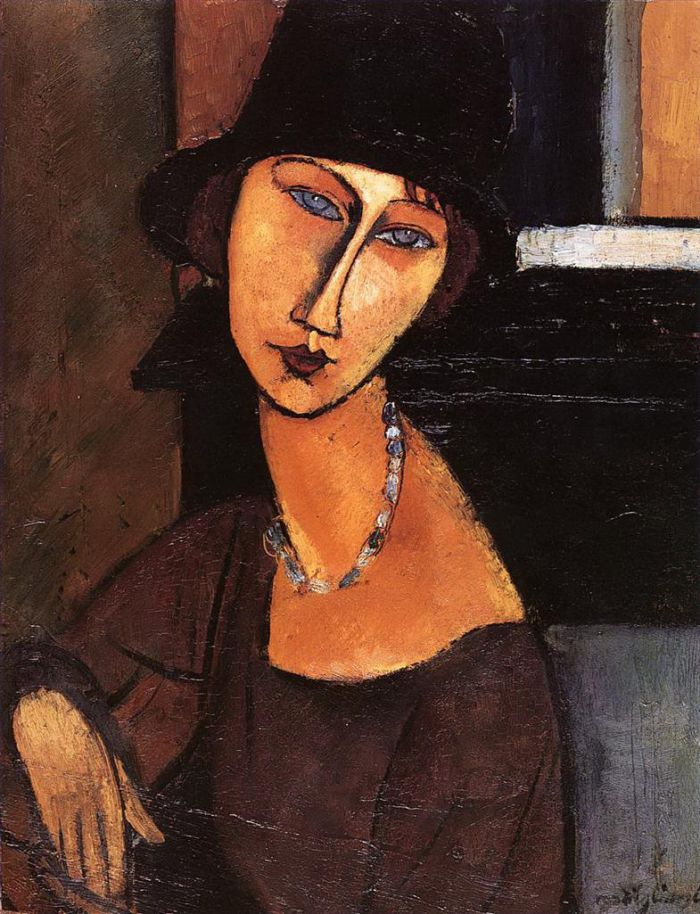 Amedeo Modigliani Oil Painting - jeanne hebuterne with hat and necklace 1917