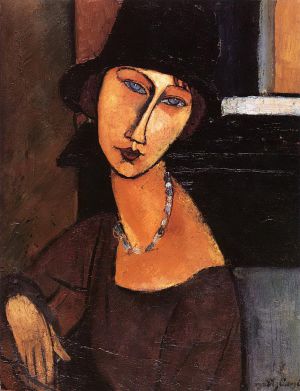 Artist Amedeo Modigliani's Work - jeanne hebuterne with hat and necklace 1917