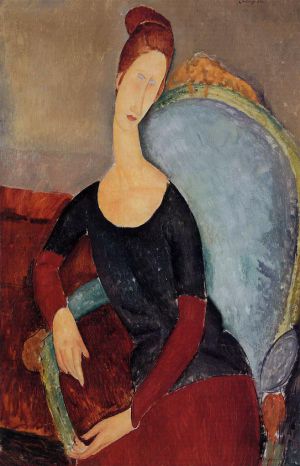 Artist Amedeo Modigliani's Work - portrait of jeanne hebuterne in a blue chair 1918