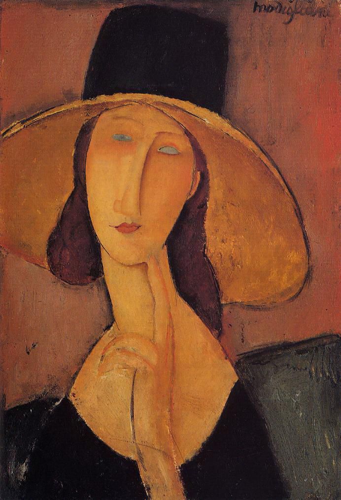Amedeo Modigliani Oil Painting - portrait of jeanne hebuterne in a large hat
