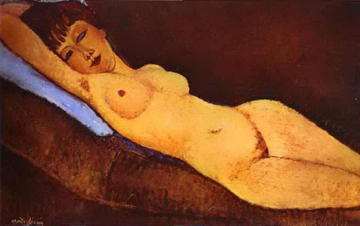 Amedeo Modigliani Oil Painting - reclining nude with blue cushion 1917