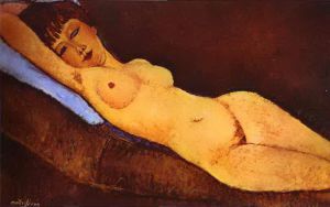 Artist Amedeo Modigliani's Work - reclining nude with blue cushion 1917