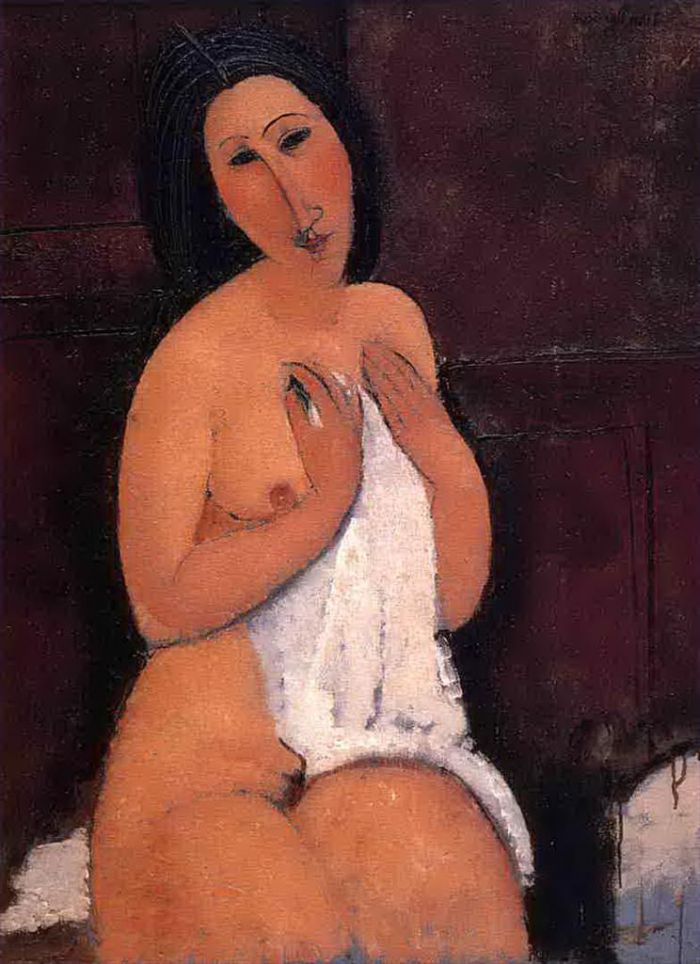 Amedeo Modigliani Oil Painting - seated nude with a shirt 1917