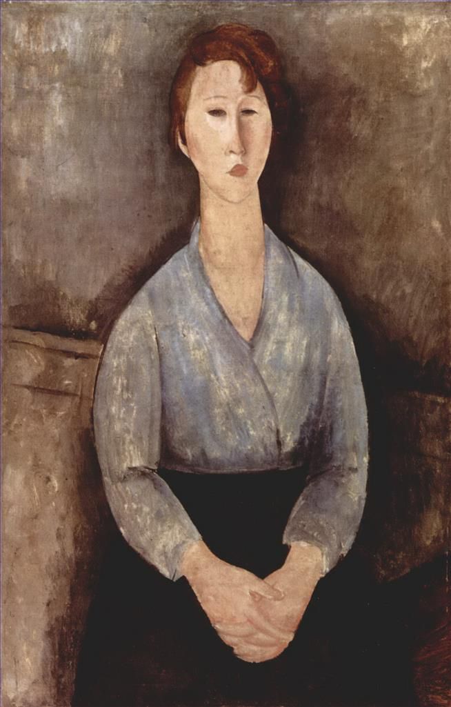 Amedeo Modigliani Oil Painting - seated woman weared in blue blouse 1919