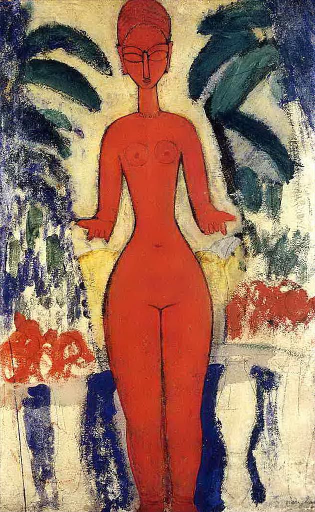Amedeo Modigliani Oil Painting - standing nude with garden background 1913