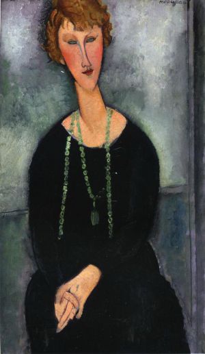 Artist Amedeo Modigliani's Work - woman with a green necklace madame menier 1918