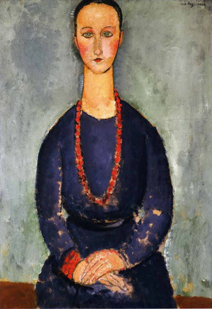 Amedeo Modigliani Oil Painting - woman with a red necklace 1918