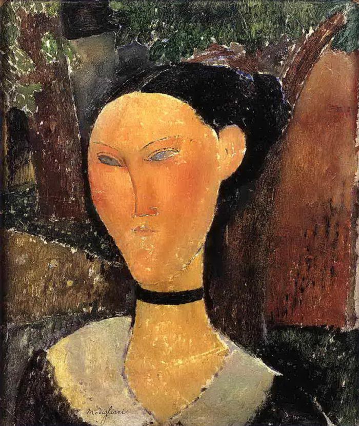 Amedeo Modigliani Oil Painting - woman with velvet ribbon the black border 1915