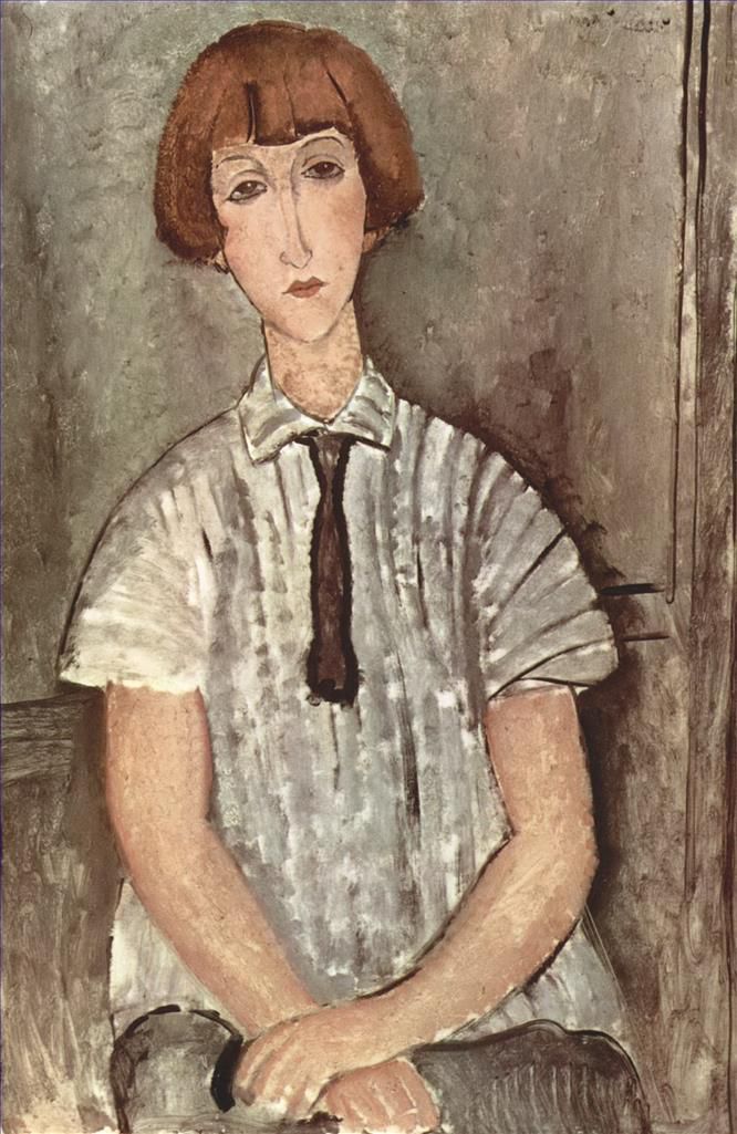 Amedeo Modigliani Oil Painting - young girl in a striped shirt 1917