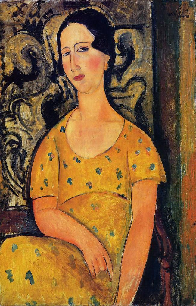 Amedeo Modigliani Oil Painting - young woman in a yellow dress madame modot 1918