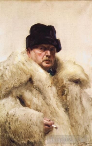 Anders Zorn Oil Painting - Self portrait in a wolfskin