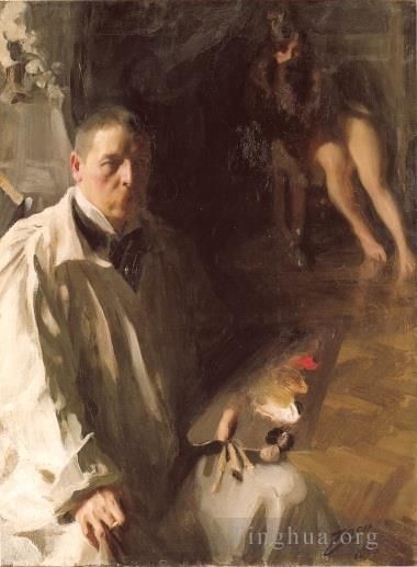 Anders Zorn Oil Painting - Self portrait with a model