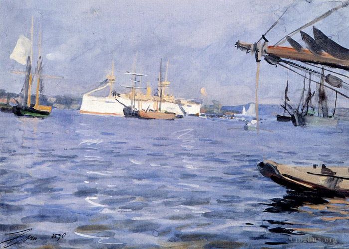 Anders Zorn Various Paintings - The Battleship baltimore In Stockholm Harbor