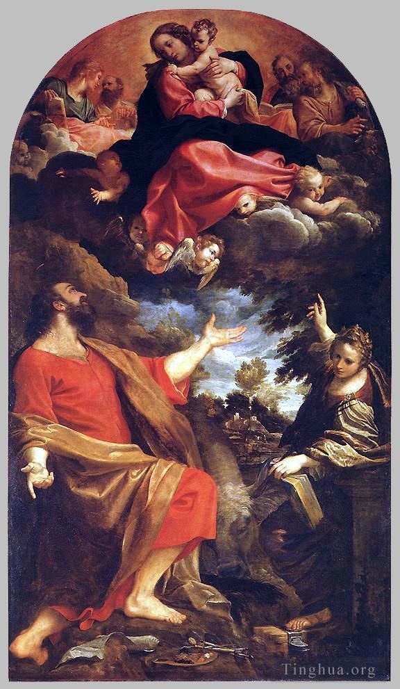 Annibale Carracci Oil Painting - The Virgin Appears to St Luke and Catherine