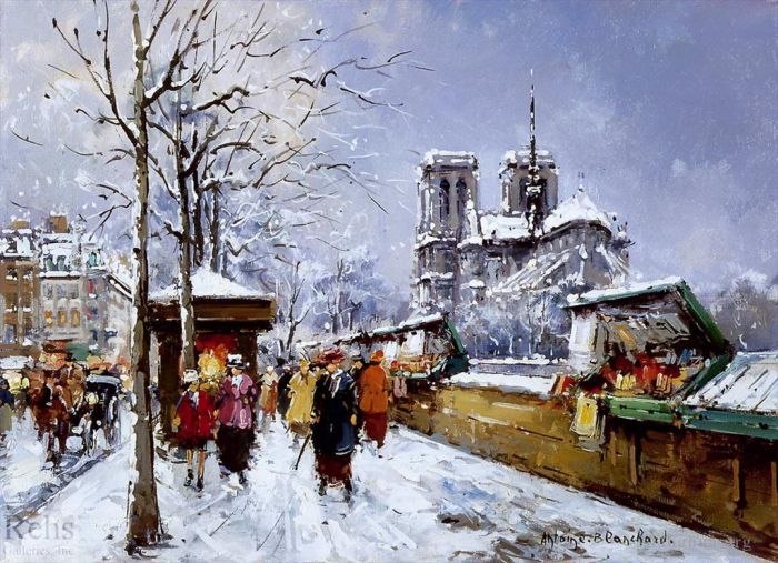 Antoine Blanchard Oil Painting - Booksellers notre dame winter