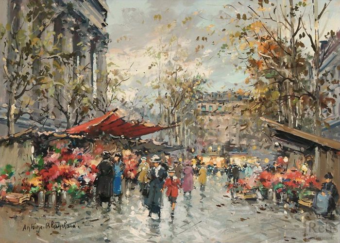 Antoine Blanchard Oil Painting - Flower market madeleine 2