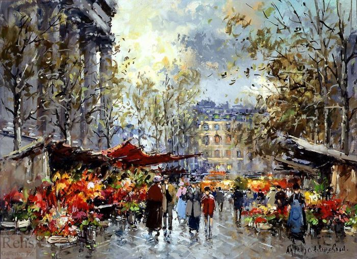 Antoine Blanchard Oil Painting - Flower market madeleine