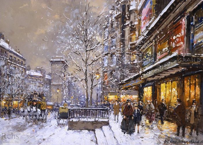 Antoine Blanchard Oil Painting - Grands boulevard et porte st denis sous la neige