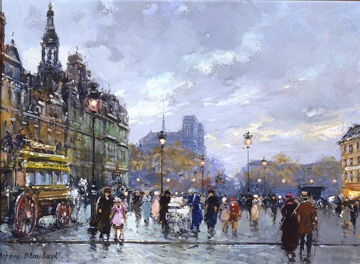 Antoine Blanchard Oil Painting - Hotel de ville and la place de greve