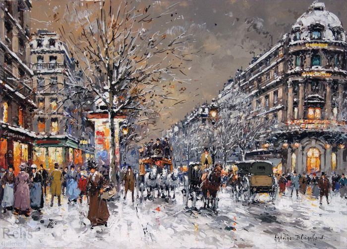 Antoine Blanchard Oil Painting - Les grands boulevards sous la neige