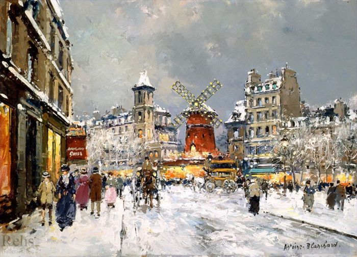 Antoine Blanchard Oil Painting - Moulin rouge a pigalle sous la neige