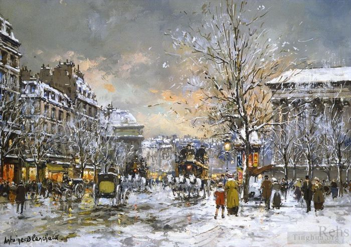 Antoine Blanchard Oil Painting - Omnibus on the place de la madeleine winter